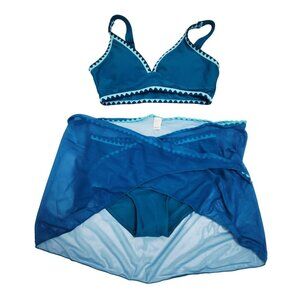 Blue 2-Piece Girls Bikini Set With Triangle Trim & Sheer Cover-Up Size 11-12Y